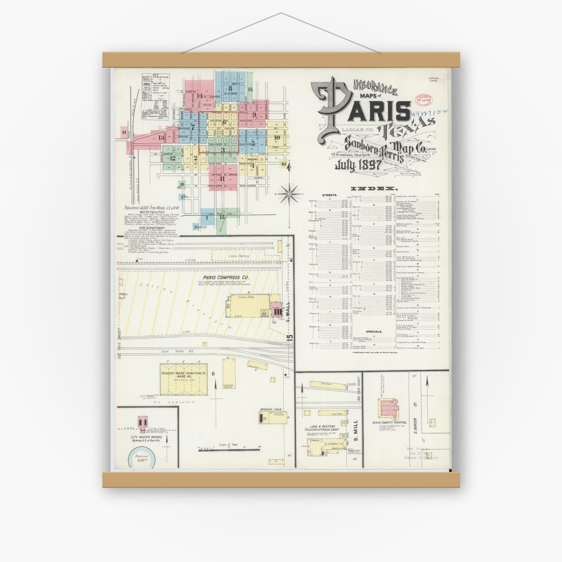 Old map wall art mockup — magnetic wood frame on white wall — Sanborn Fire Insurance Map from Paris, Lamar County, Texas (1897), Sheet #0001