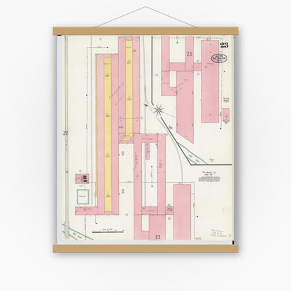Old map wall art mockup — magnetic wood frame on white wall — Sanborn Fire Insurance Map from Newark, Licking County, Ohio (1905), Sheet #0023
