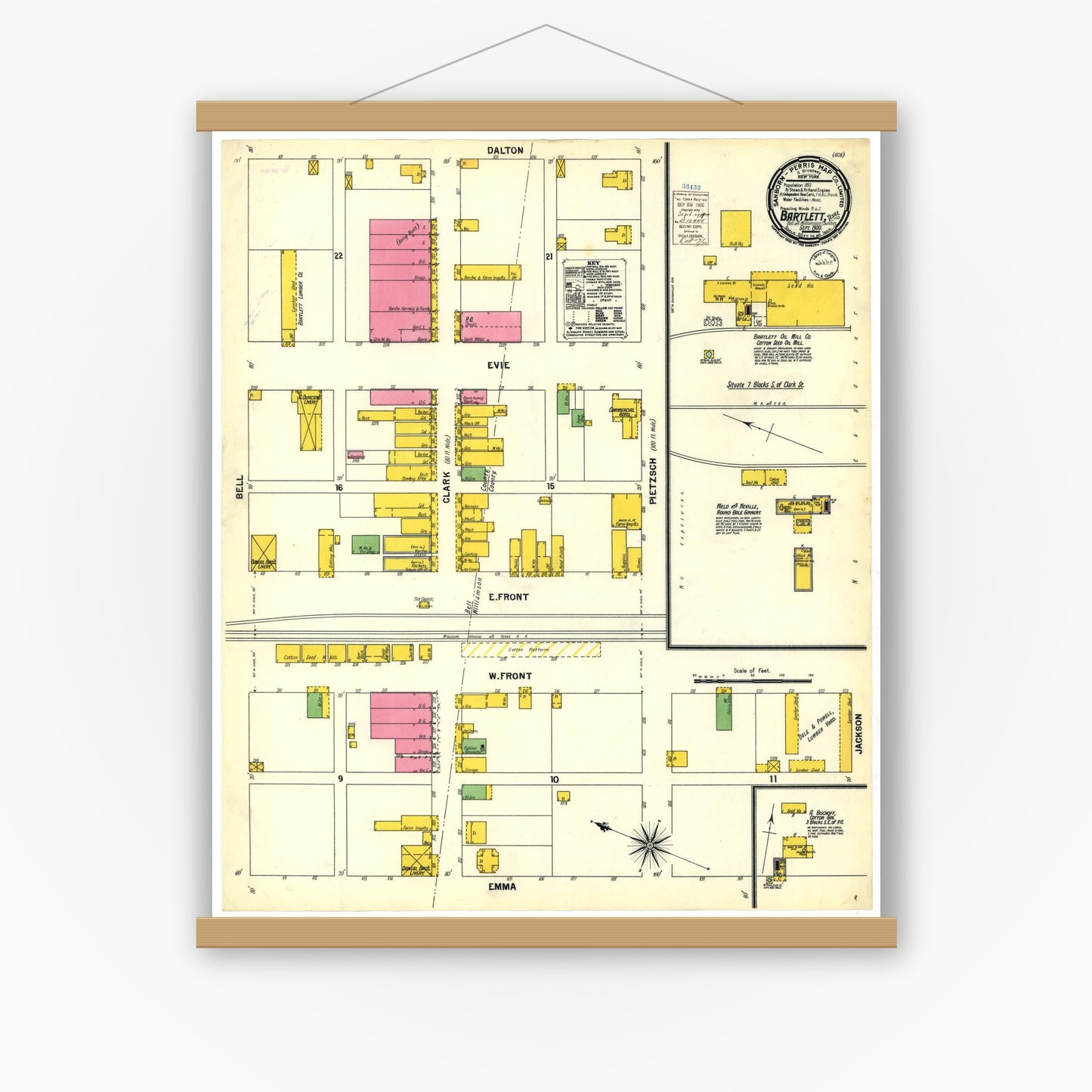 Old map wall art mockup — magnetic wood frame on white wall — Sanborn Fire Insurance Map from Bartlett, Bell and Williamson Counties, Texas (1900), Sheet #0001