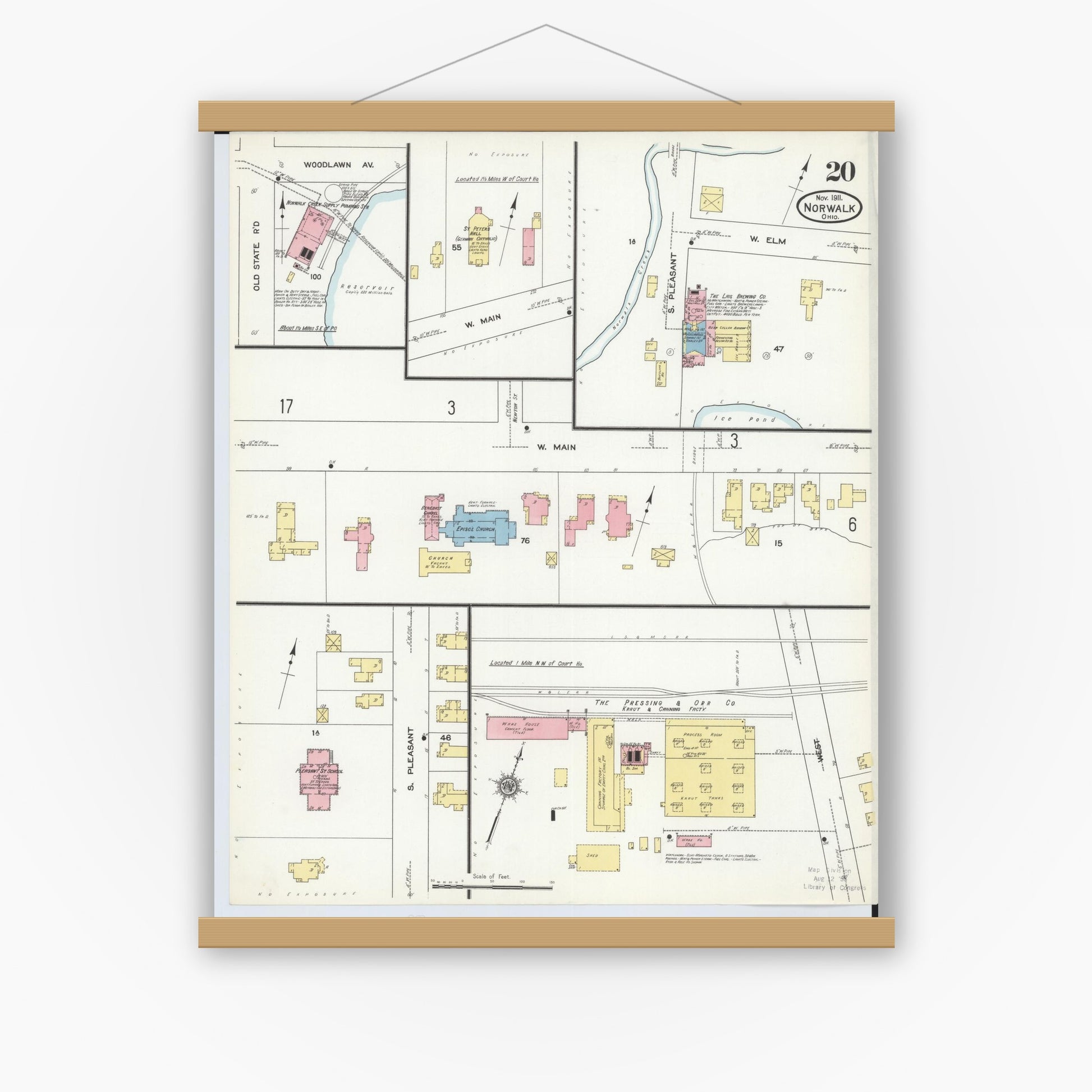 Old map wall art mockup — magnetic wood frame on white wall — Sanborn Fire Insurance Map from Norwalk, Huron County, Ohio (1911), Sheet #0020