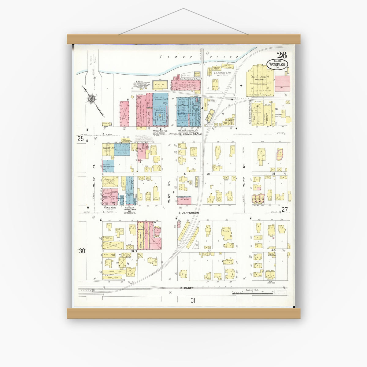 Old map wall art mockup — magnetic wood frame on white wall — Sanborn Fire Insurance Map from Waterloo, Black Hawk County, Iowa (1910), Sheet #0026