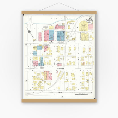 Old map wall art mockup — magnetic wood frame on white wall — Sanborn Fire Insurance Map from Waterloo, Black Hawk County, Iowa (1910), Sheet #0026