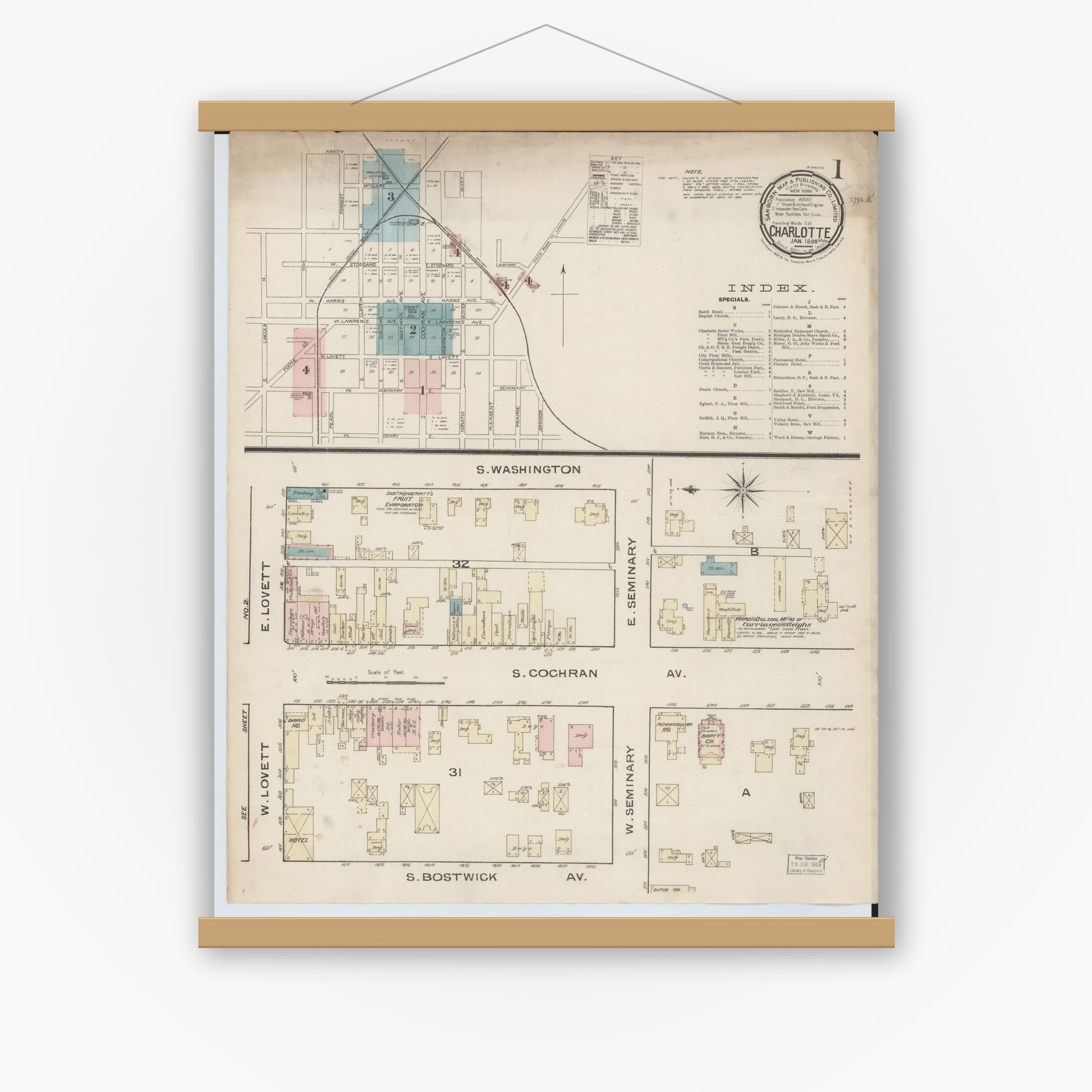 Old map wall art mockup — magnetic wood frame on white wall — Sanborn Fire Insurance Map from Charlotte, Eaton County, Michigan (1886) - Complete Map Set