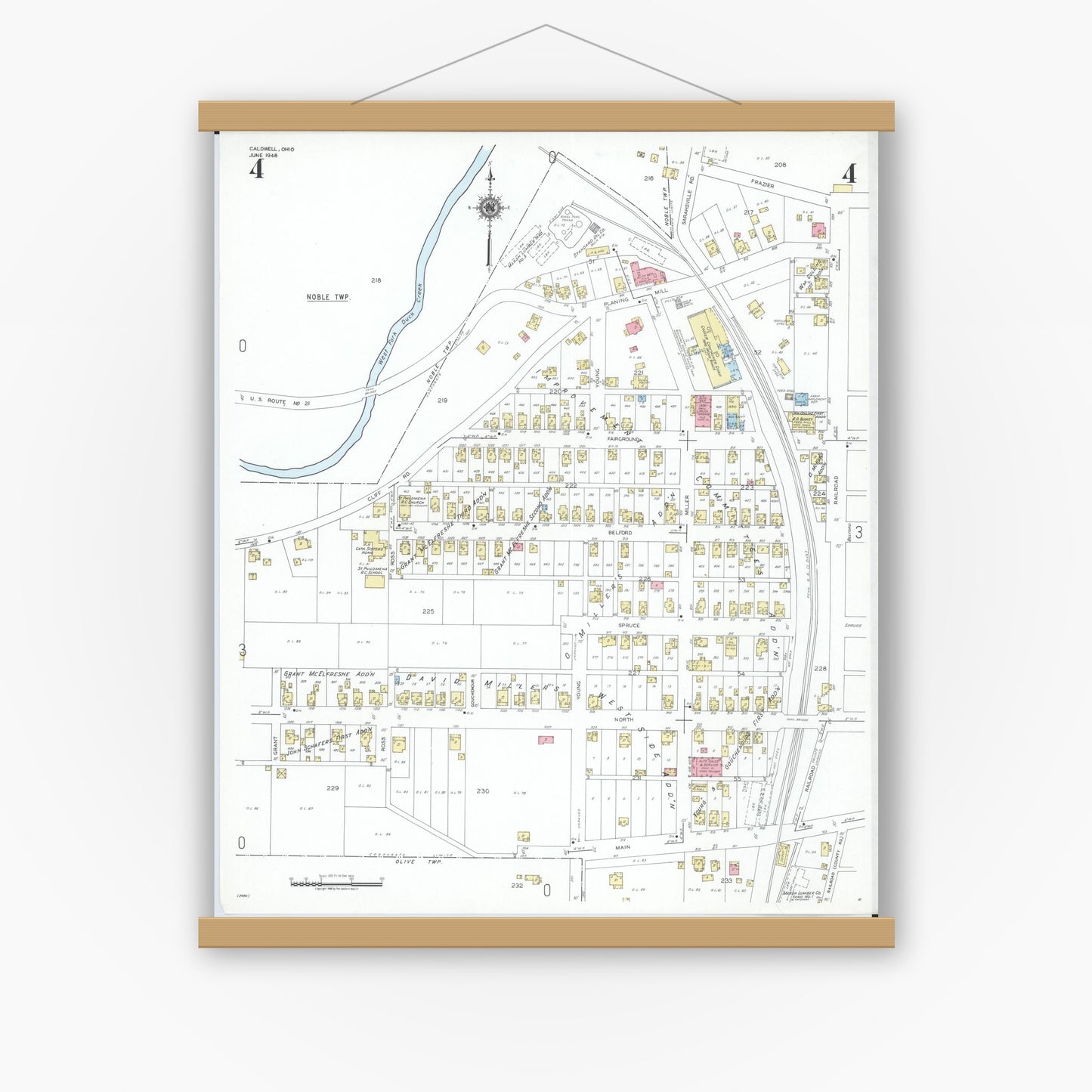 Old map wall art mockup — magnetic wood frame on white wall — Sanborn Fire Insurance Map from Caldwell, Noble County, Ohio (1948), Sheet #0004