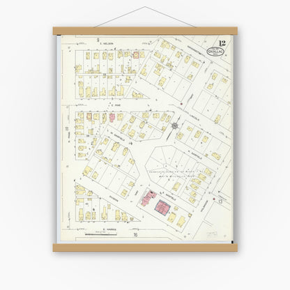 Old map wall art mockup — magnetic wood frame on white wall — Sanborn Fire Insurance Map from Cadillac, Wexford County, Michigan (1914), Sheet #0012