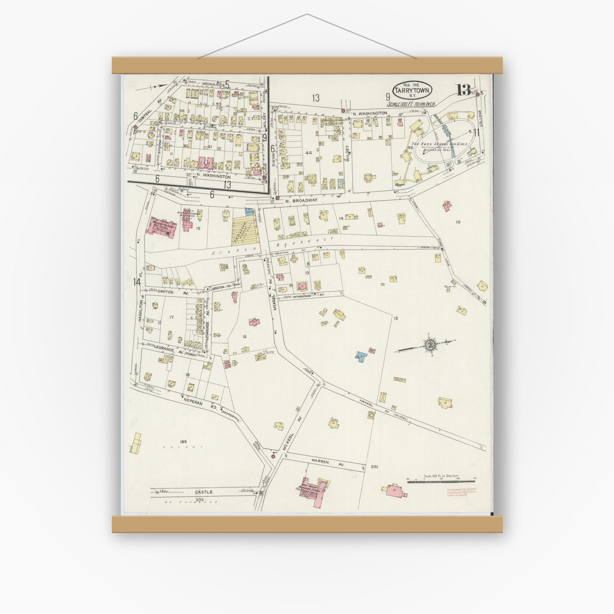 Old map wall art mockup — magnetic wood frame on white wall — Sanborn Fire Insurance Map from Tarrytown, Westchester County, New York (1915), Sheet #0013