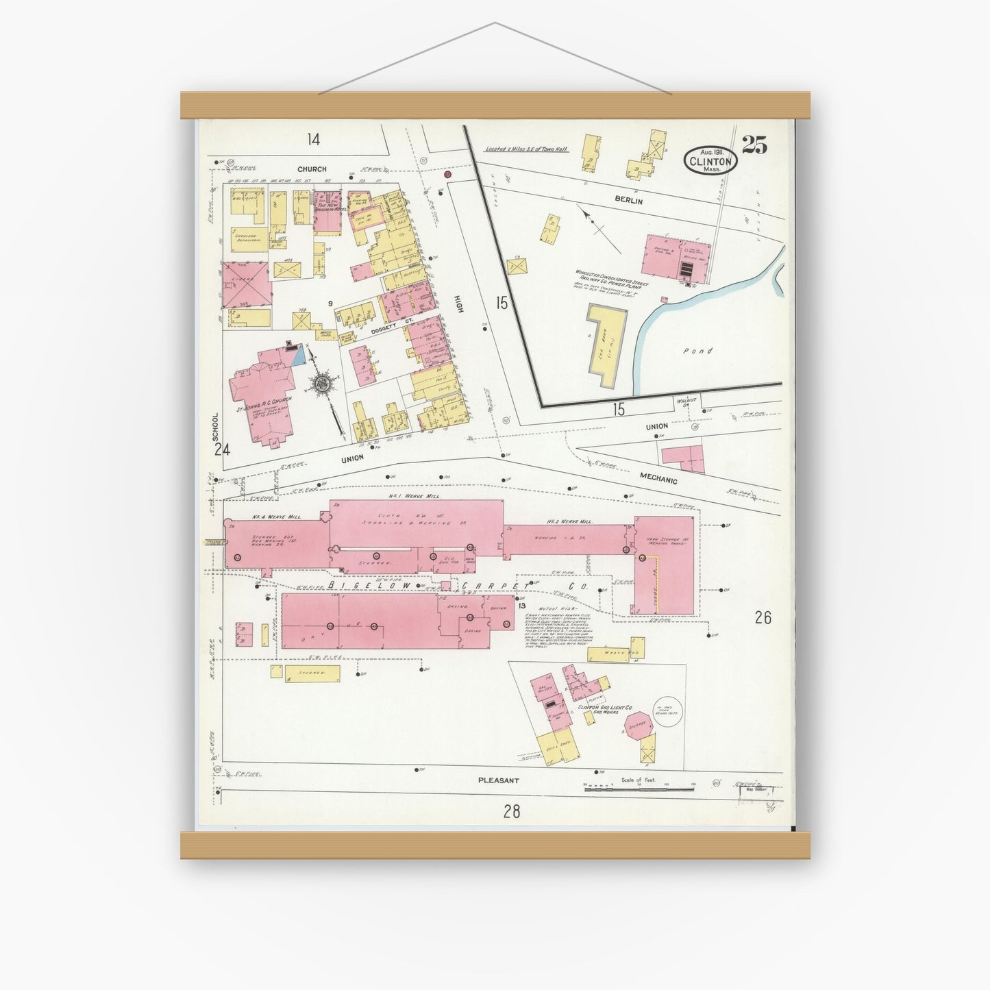 Old map wall art mockup — magnetic wood frame on white wall — Sanborn Fire Insurance Map from Clinton, Worcester County, Massachusetts (1911), Sheet #0025