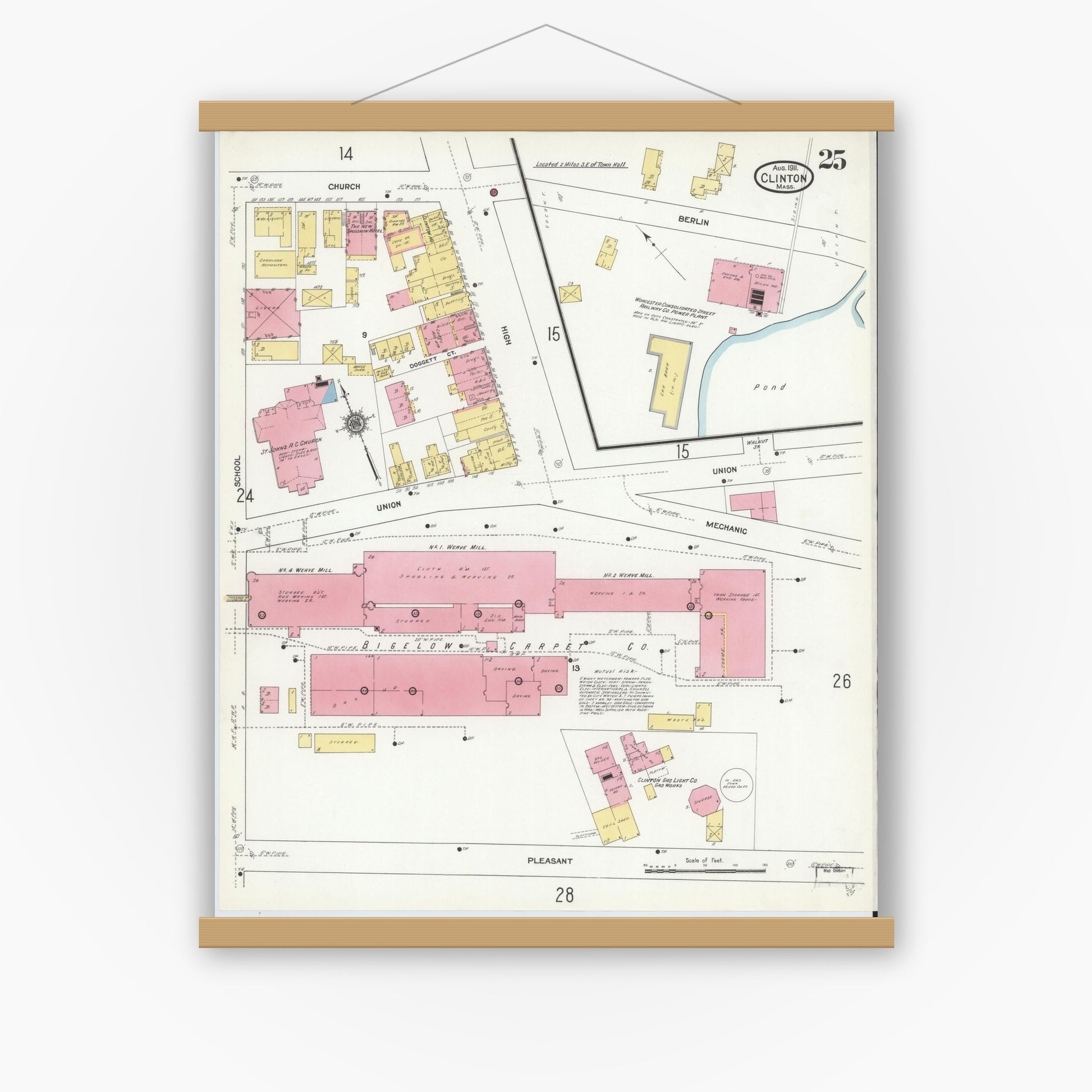 Old map wall art mockup — magnetic wood frame on white wall — Sanborn Fire Insurance Map from Clinton, Worcester County, Massachusetts (1911), Sheet #0025