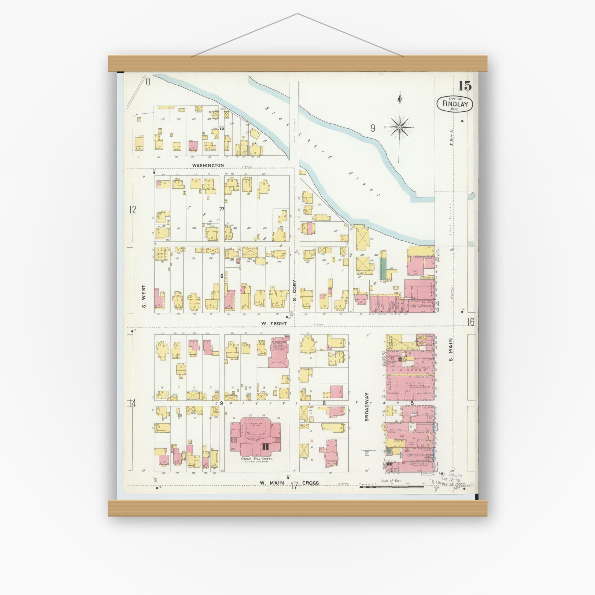 Old map wall art mockup — magnetic wood frame on white wall — Sanborn Fire Insurance Map from Findlay, Hancock County, Ohio (1901), Sheet #0015