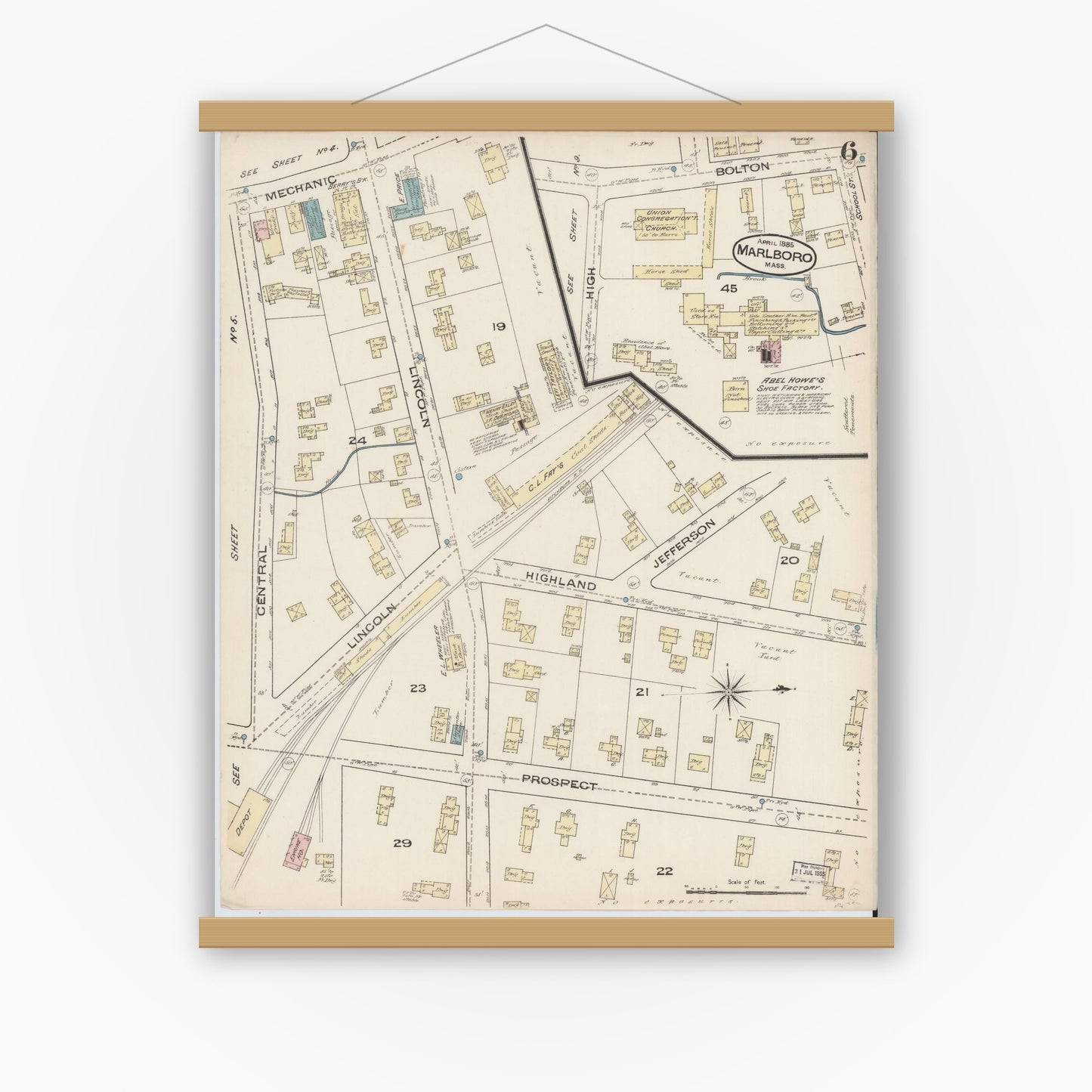 Old map wall art mockup — magnetic wood frame on white wall — Sanborn Fire Insurance Map from Marlborough, Middlesex County, Massachusetts (1885), Sheet #0006
