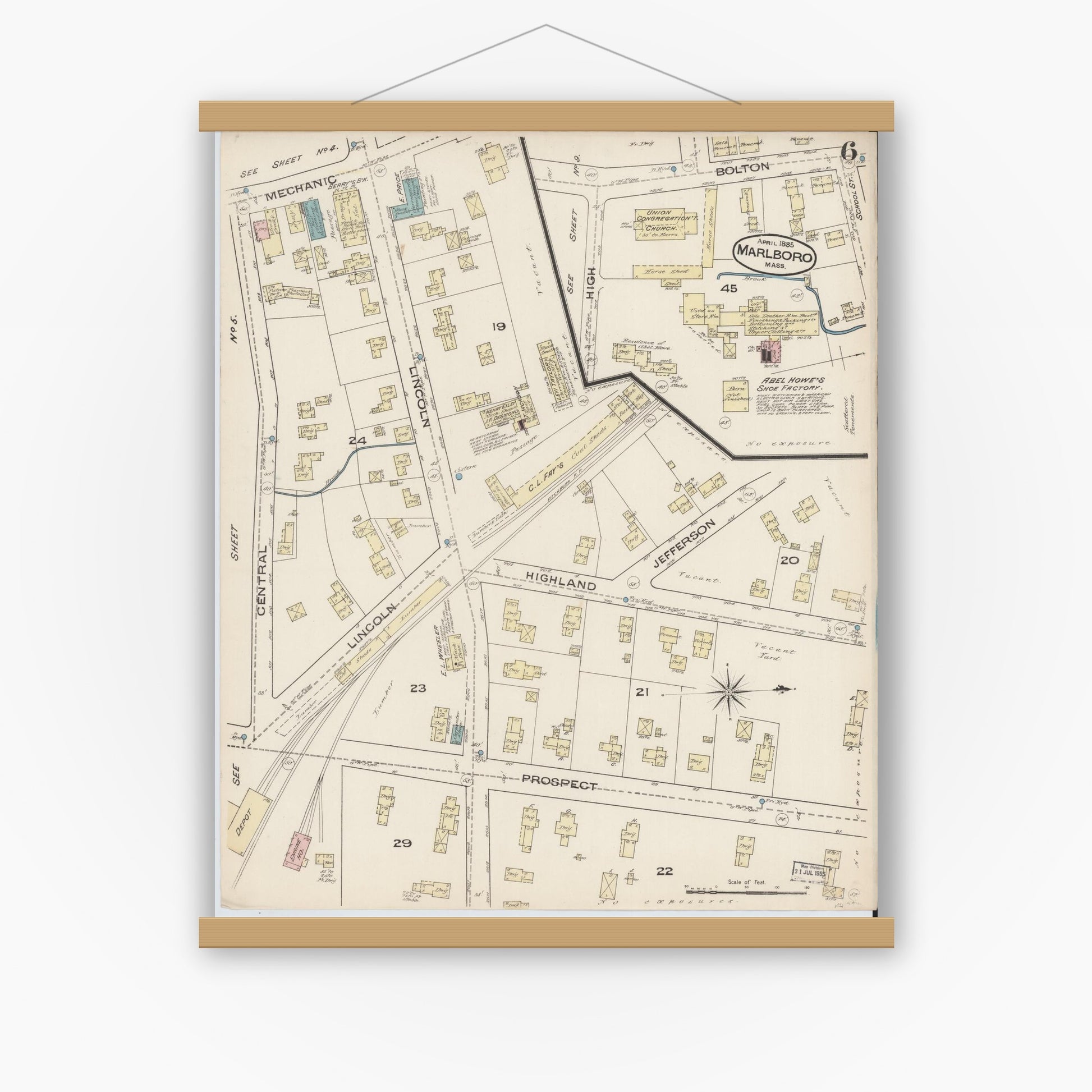 Old map wall art mockup — magnetic wood frame on white wall — Sanborn Fire Insurance Map from Marlborough, Middlesex County, Massachusetts (1885), Sheet #0006