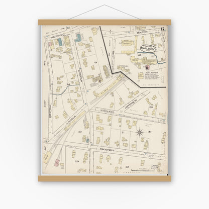 Old map wall art mockup — magnetic wood frame on white wall — Sanborn Fire Insurance Map from Marlborough, Middlesex County, Massachusetts (1885), Sheet #0006