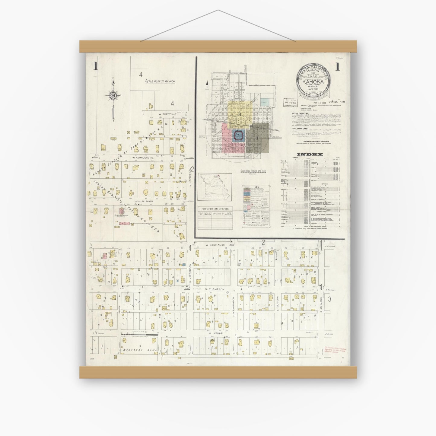 Old map wall art mockup — magnetic wood frame on white wall — Sanborn Fire Insurance Map from Kahoka, Clark County, Missouri (1933) - Complete Map Set