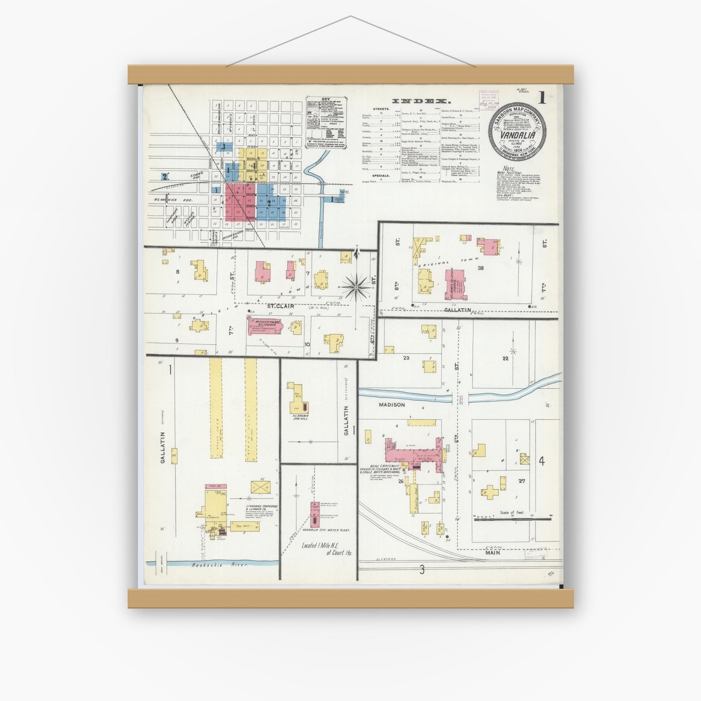 Old map wall art mockup — magnetic wood frame on white wall — Sanborn Fire Insurance Map from Vandalia, Fayette County, Illinois (1906) - Complete Map Set