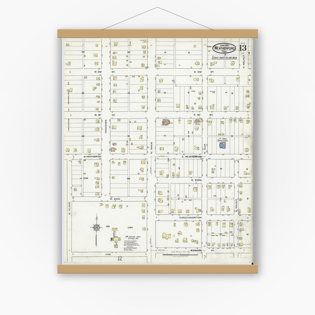 Old map wall art mockup — magnetic wood frame on white wall — Sanborn Fire Insurance Map from Weatherford, Parker County, Texas (1921), Sheet #0013