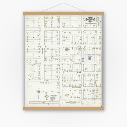 Old map wall art mockup — magnetic wood frame on white wall — Sanborn Fire Insurance Map from Weatherford, Parker County, Texas (1921), Sheet #0013