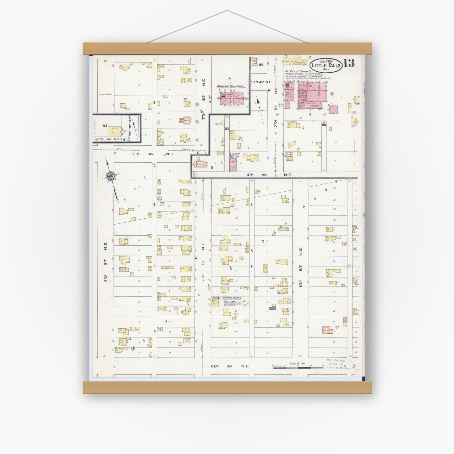 Old map wall art mockup — magnetic wood frame on white wall — Sanborn Fire Insurance Map from Little Falls, Morrison County, Minnesota (1909), Sheet #0013