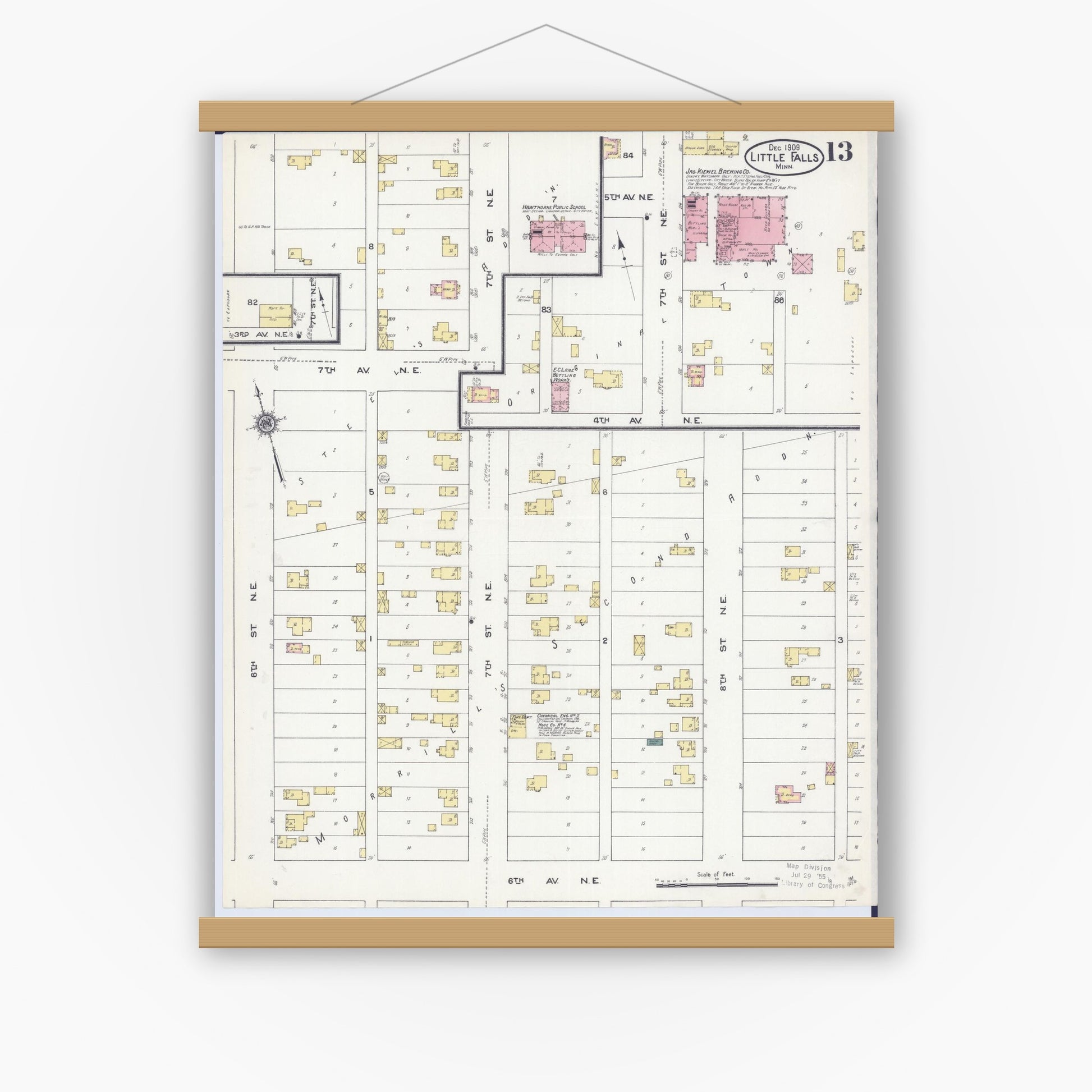 Old map wall art mockup — magnetic wood frame on white wall — Sanborn Fire Insurance Map from Little Falls, Morrison County, Minnesota (1909), Sheet #0013