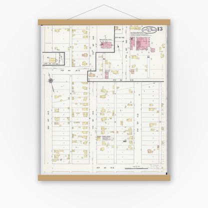 Old map wall art mockup — magnetic wood frame on white wall — Sanborn Fire Insurance Map from Little Falls, Morrison County, Minnesota (1909), Sheet #0013