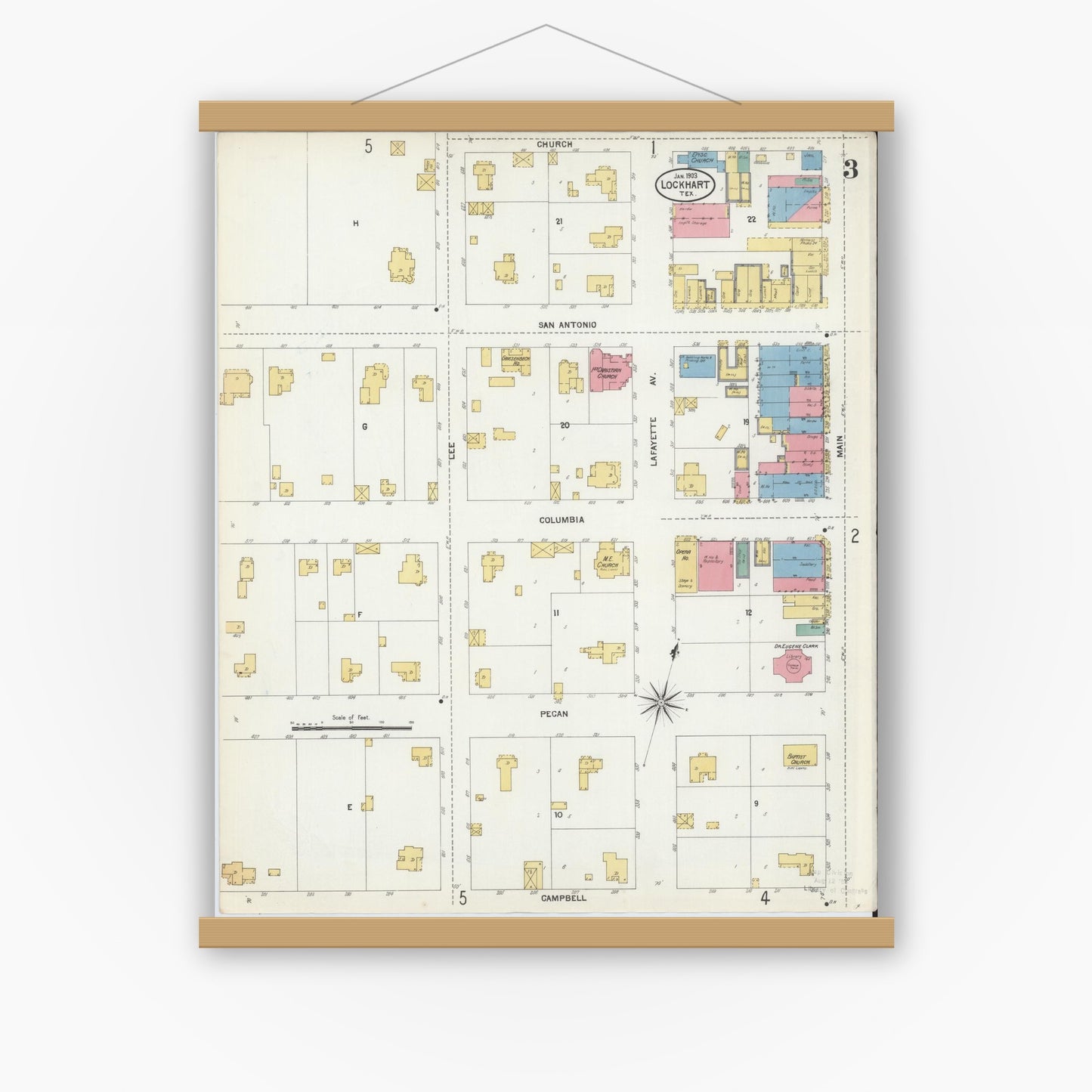 Old map wall art mockup — magnetic wood frame on white wall — Sanborn Fire Insurance Map from Lockhart, Caldwell County, Texas (1903), Sheet #0003