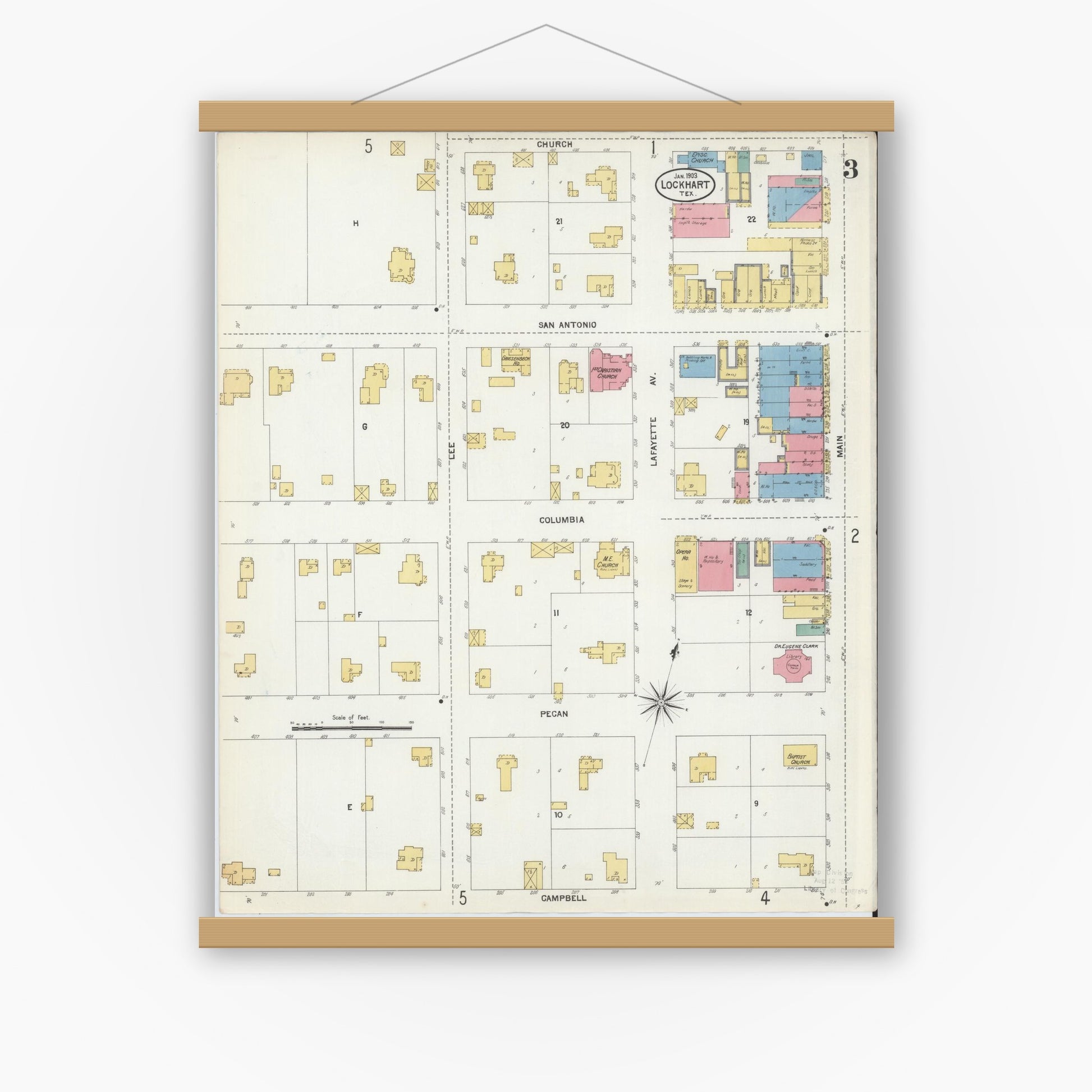 Old map wall art mockup — magnetic wood frame on white wall — Sanborn Fire Insurance Map from Lockhart, Caldwell County, Texas (1903), Sheet #0003