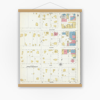 Old map wall art mockup — magnetic wood frame on white wall — Sanborn Fire Insurance Map from Lockhart, Caldwell County, Texas (1903), Sheet #0003