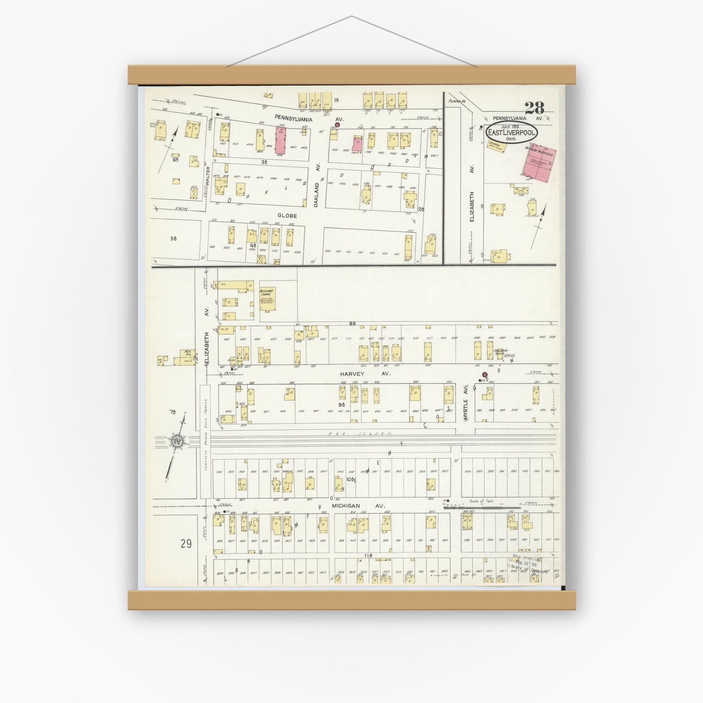 Old map wall art mockup — magnetic wood frame on white wall — Sanborn Fire Insurance Map from East Liverpool, Columbiana County, Ohio (1913), Sheet #0028