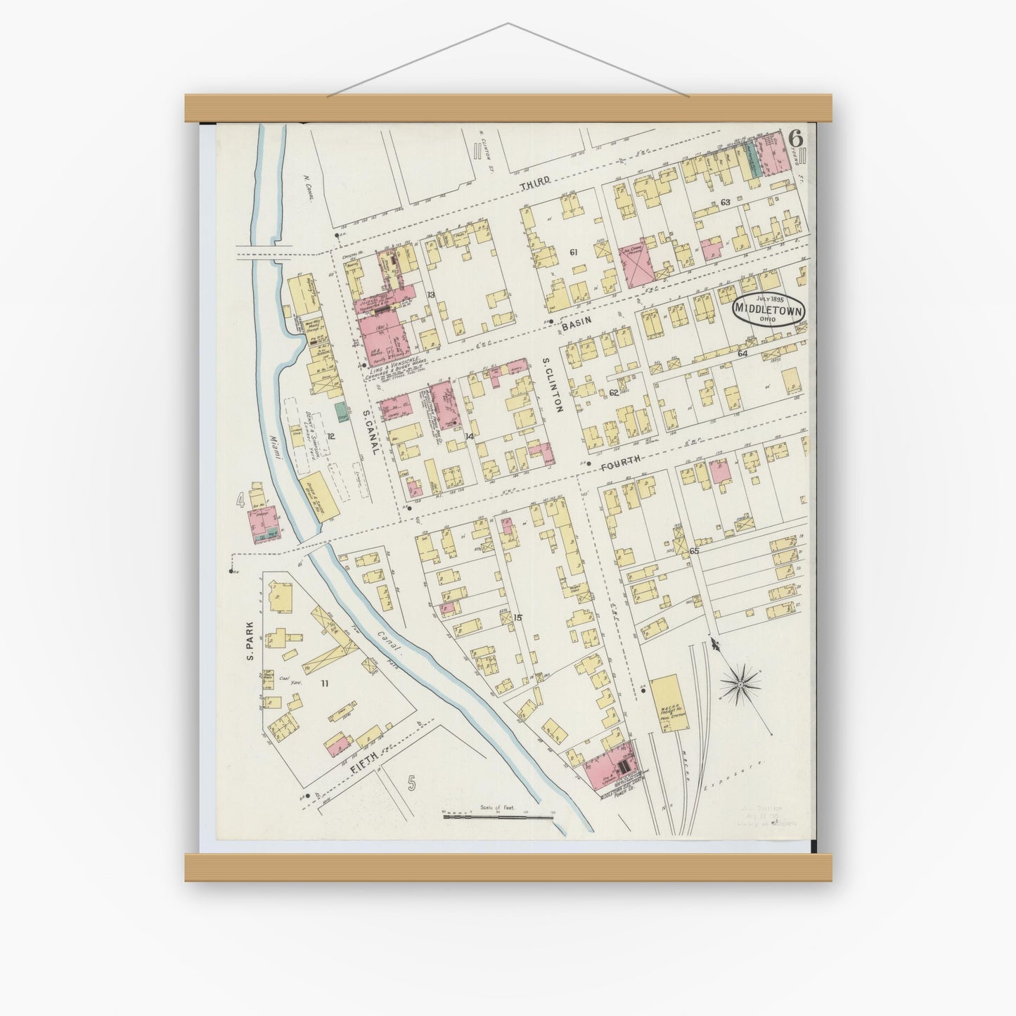Old map wall art mockup — magnetic wood frame on white wall — Sanborn Fire Insurance Map from Middletown, Butler County, Ohio (1895), Sheet #0006
