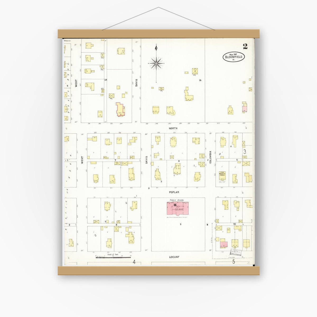 Old map wall art mockup — magnetic wood frame on white wall — Sanborn Fire Insurance Map from Bloomfield, Davis County, Iowa (1907), Sheet #0002