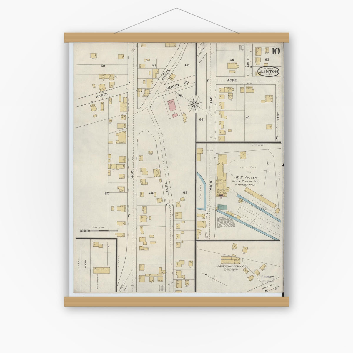 Old map wall art mockup — magnetic wood frame on white wall — Sanborn Fire Insurance Map from Clinton, Worcester County, Massachusetts (1894), Sheet #0010
