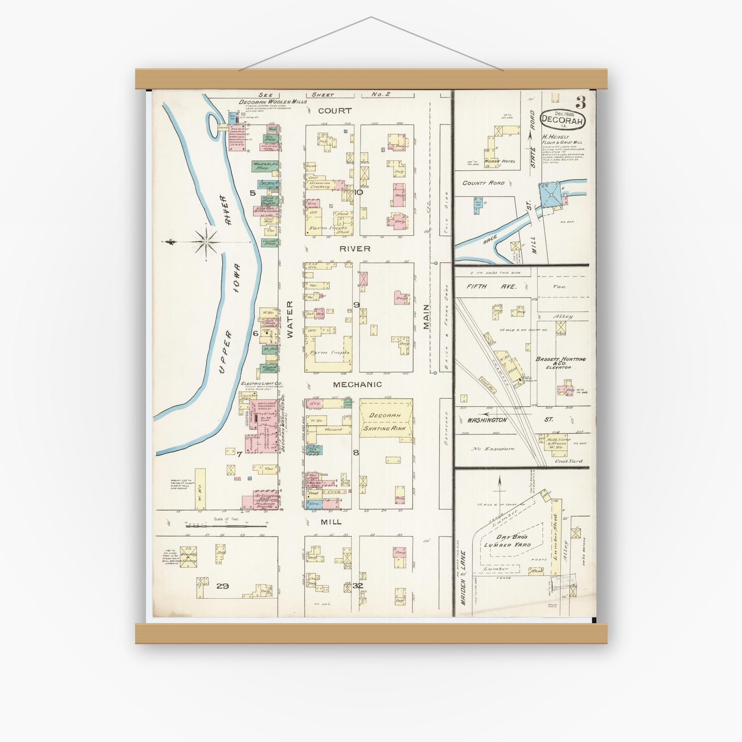Old map wall art mockup — magnetic wood frame on white wall — Sanborn Fire Insurance Map from Decorah, Winneshiek County, Iowa (1885), Sheet #0003