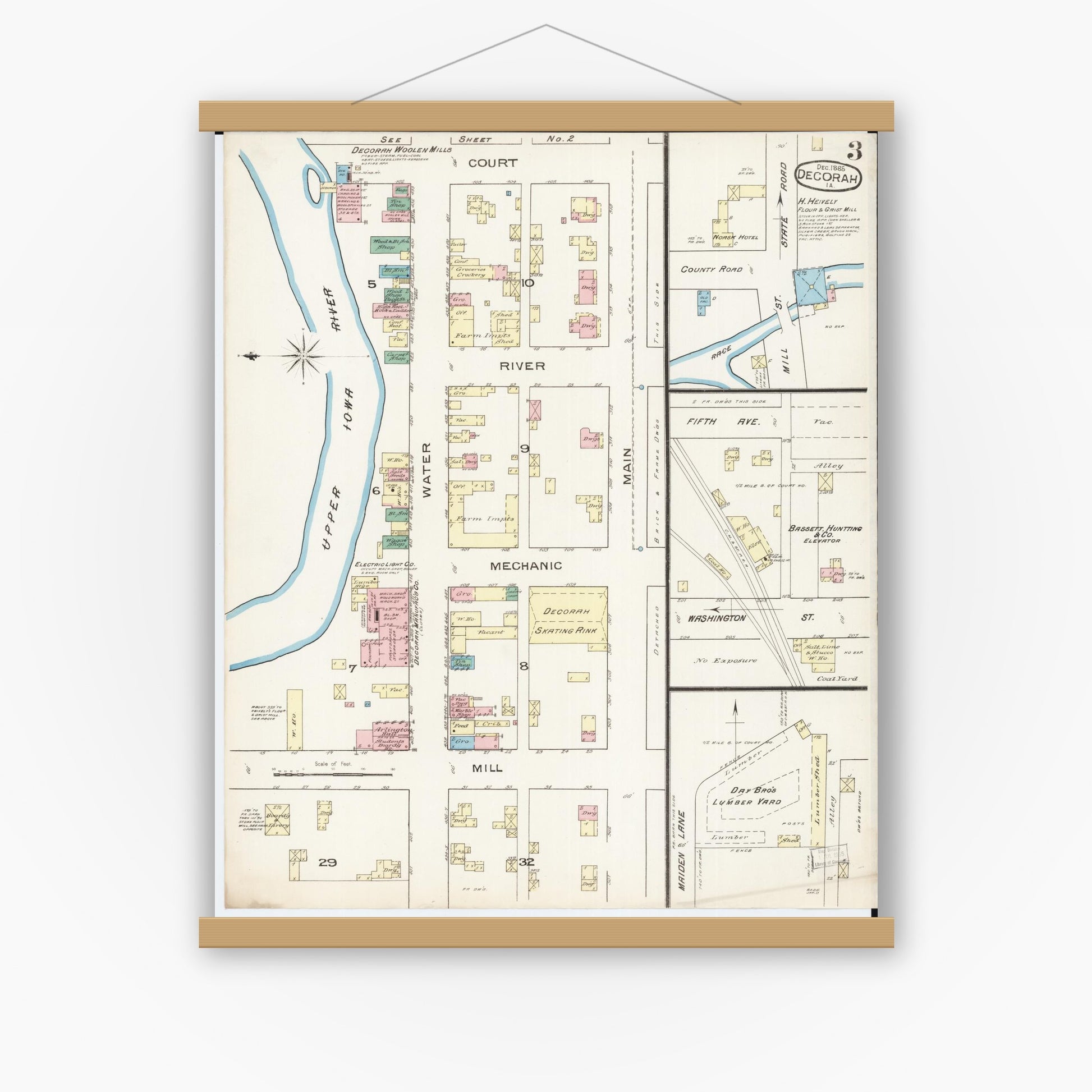 Old map wall art mockup — magnetic wood frame on white wall — Sanborn Fire Insurance Map from Decorah, Winneshiek County, Iowa (1885), Sheet #0003