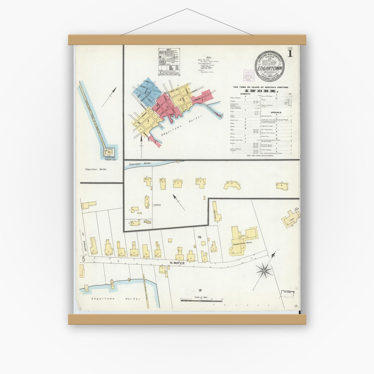 Old map wall art mockup — magnetic wood frame on white wall — Sanborn Fire Insurance Map from Edgartown, Dukes County, Massachusetts (1904) - Complete Map Set