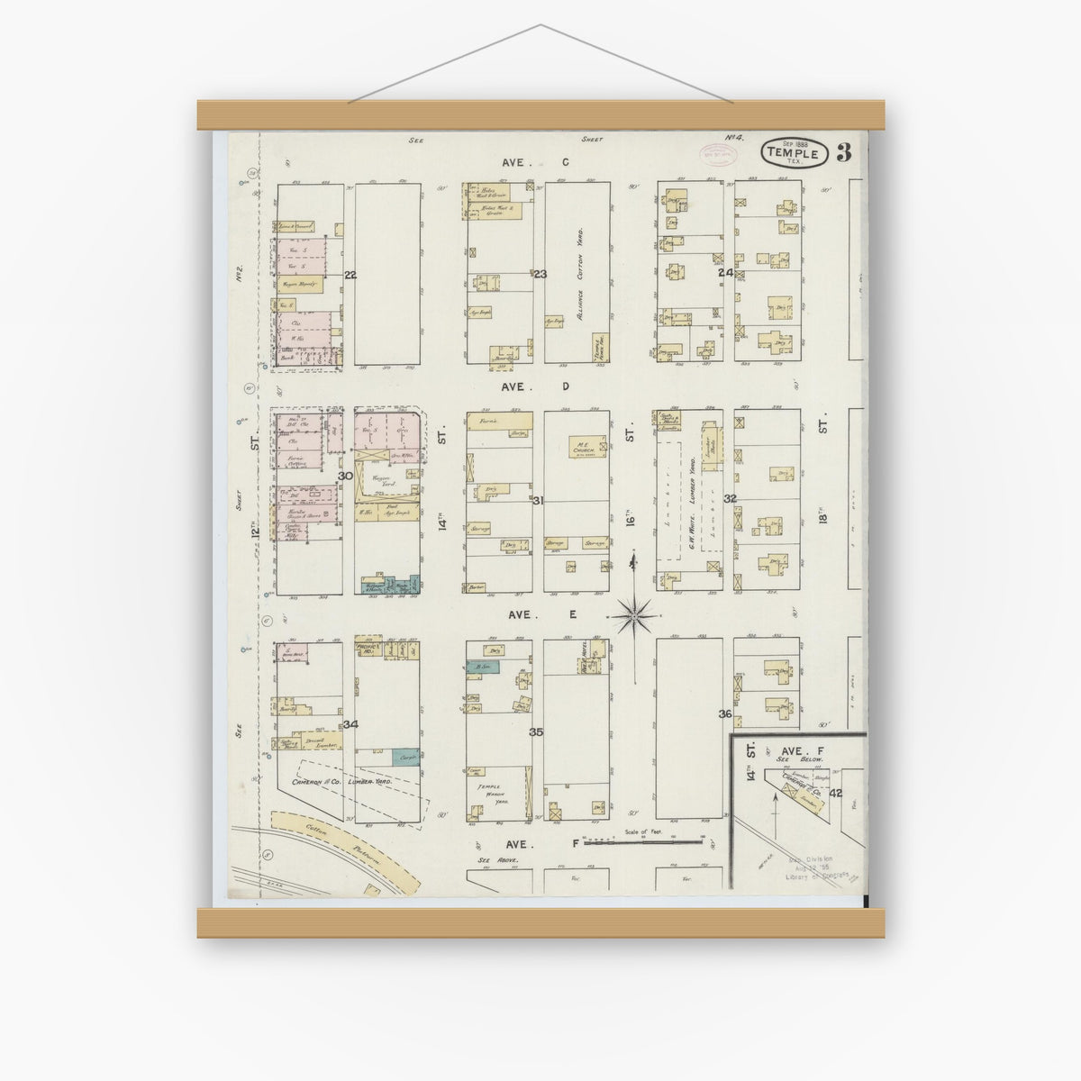 Old map wall art mockup — magnetic wood frame on white wall — Sanborn Fire Insurance Map from Temple, Bell County, Texas (1888), Sheet #0003