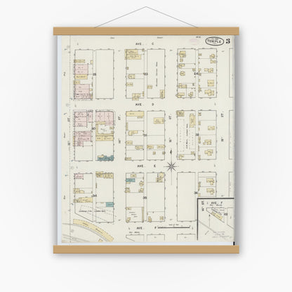 Old map wall art mockup — magnetic wood frame on white wall — Sanborn Fire Insurance Map from Temple, Bell County, Texas (1888), Sheet #0003