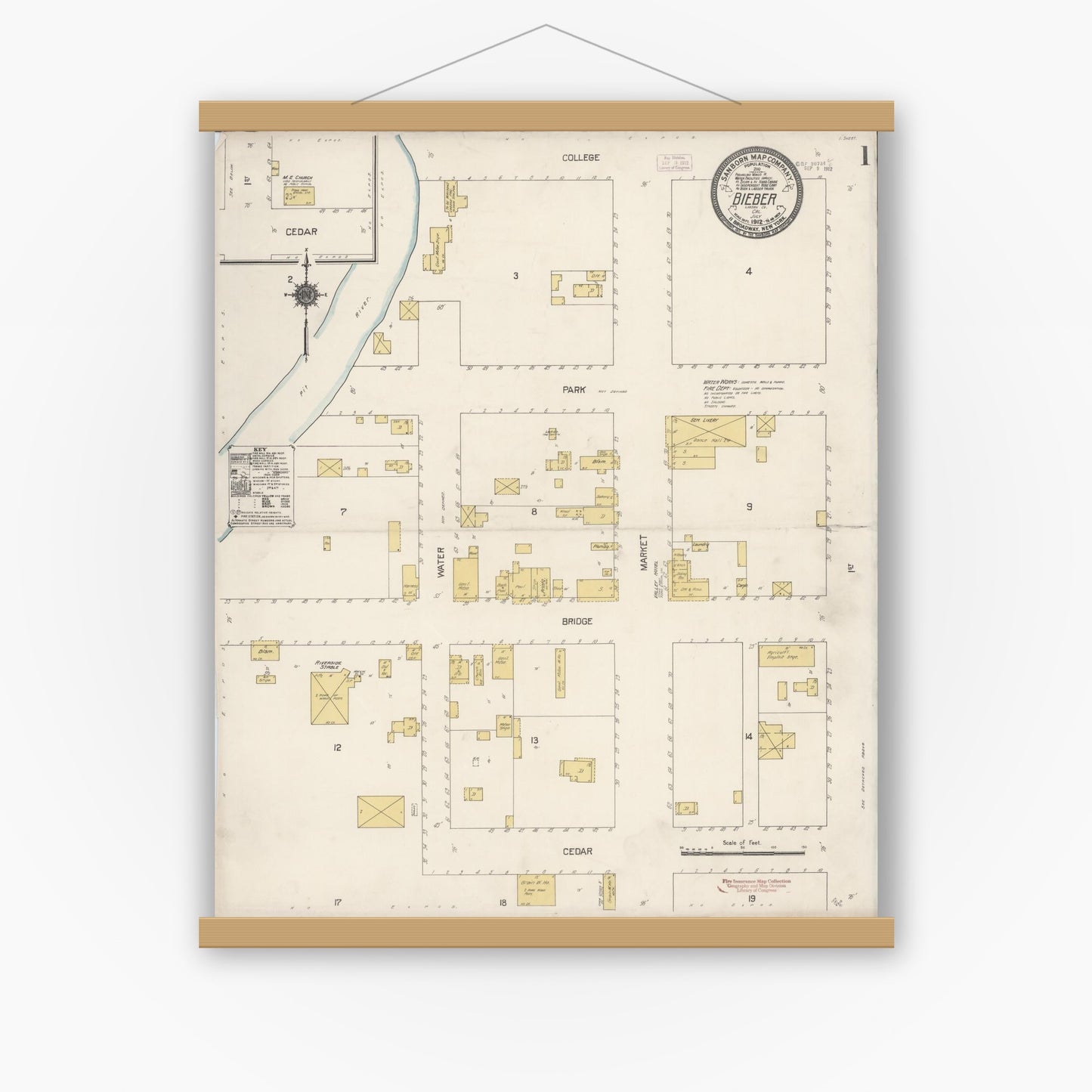 Old map wall art mockup — magnetic wood frame on white wall — Sanborn Fire Insurance Map from Bieber, Lassen County, California (1912), Sheet #0001