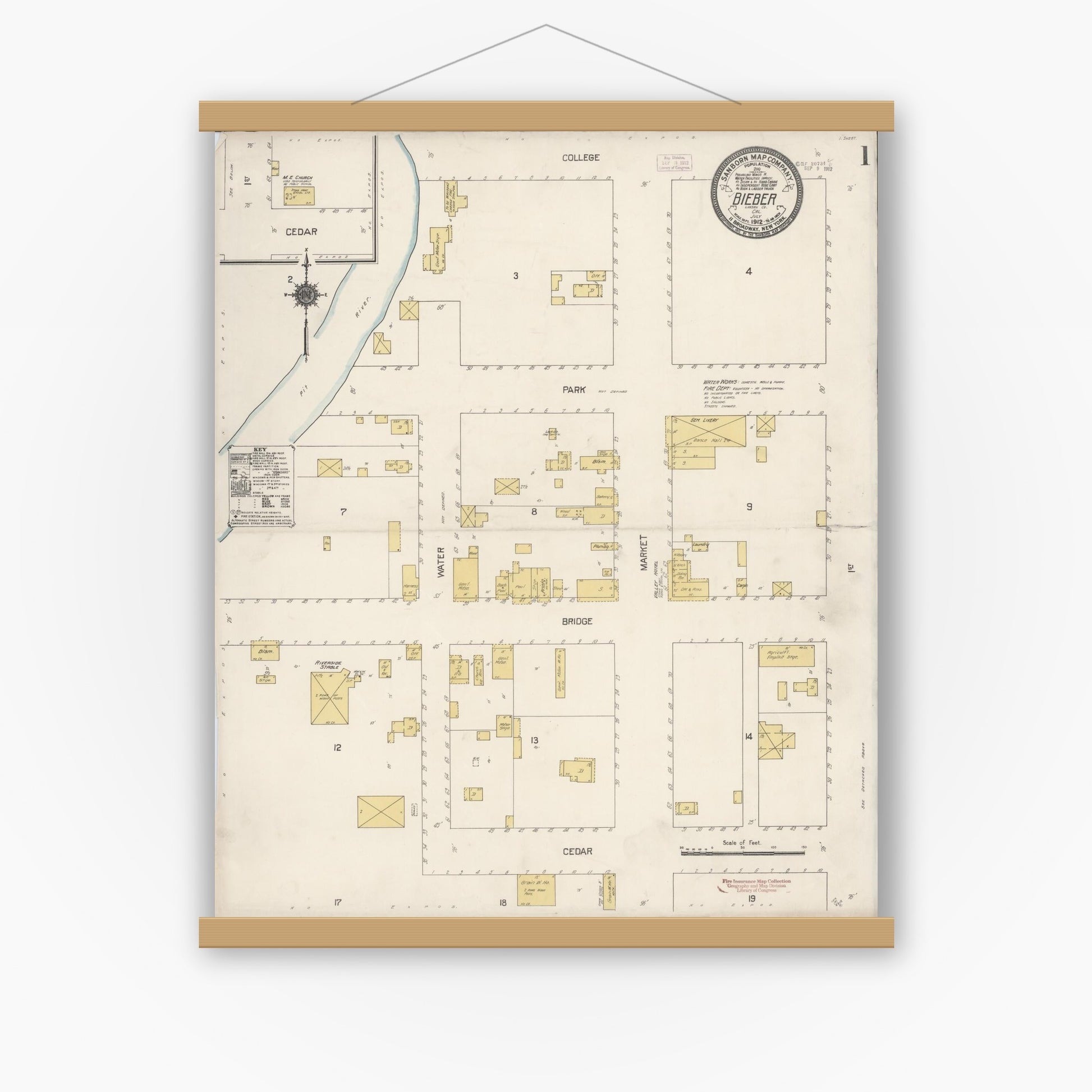 Old map wall art mockup — magnetic wood frame on white wall — Sanborn Fire Insurance Map from Bieber, Lassen County, California (1912), Sheet #0001