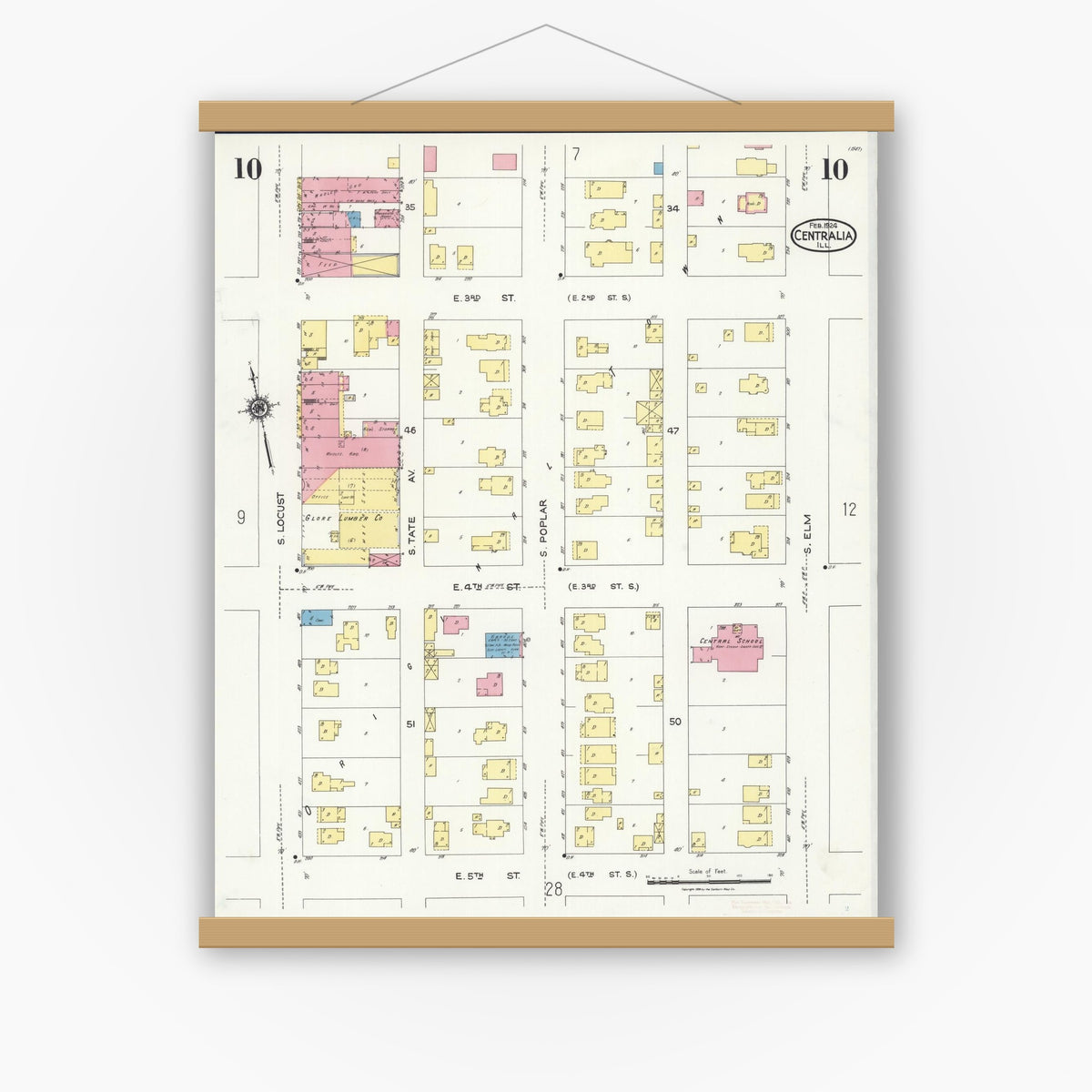 Old map wall art mockup — magnetic wood frame on white wall — Sanborn Fire Insurance Map from Centralia, Marion, Clinton, Jefferson, and Washington Counties, Illinois (1924), Sheet #0010