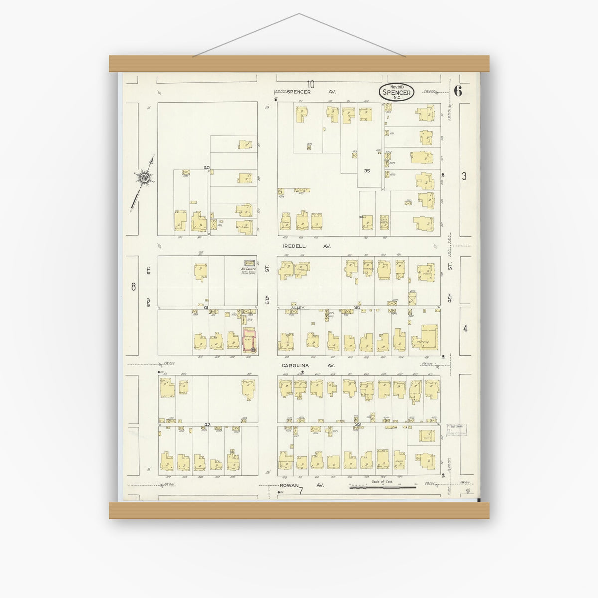 Old map wall art mockup — magnetic wood frame on white wall — Sanborn Fire Insurance Map from Spencer, Rowan County, North Carolina (1913), Sheet #0006