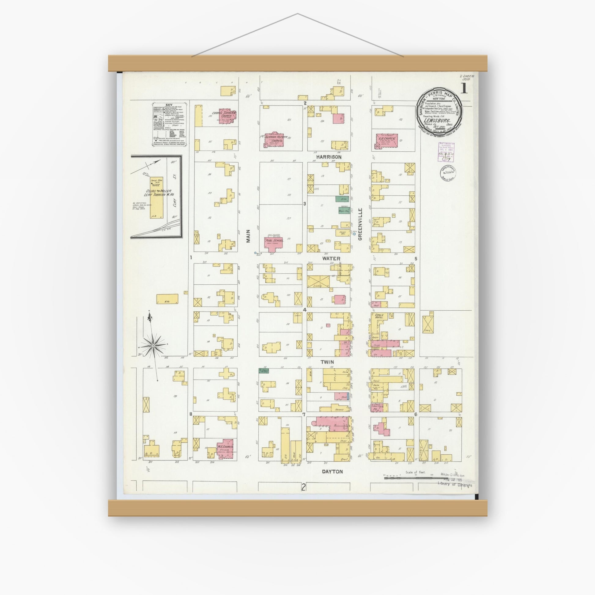 Old map wall art mockup — magnetic wood frame on white wall — Sanborn Fire Insurance Map from Lewisburg, Preble County, Ohio (1901), Sheet #0001
