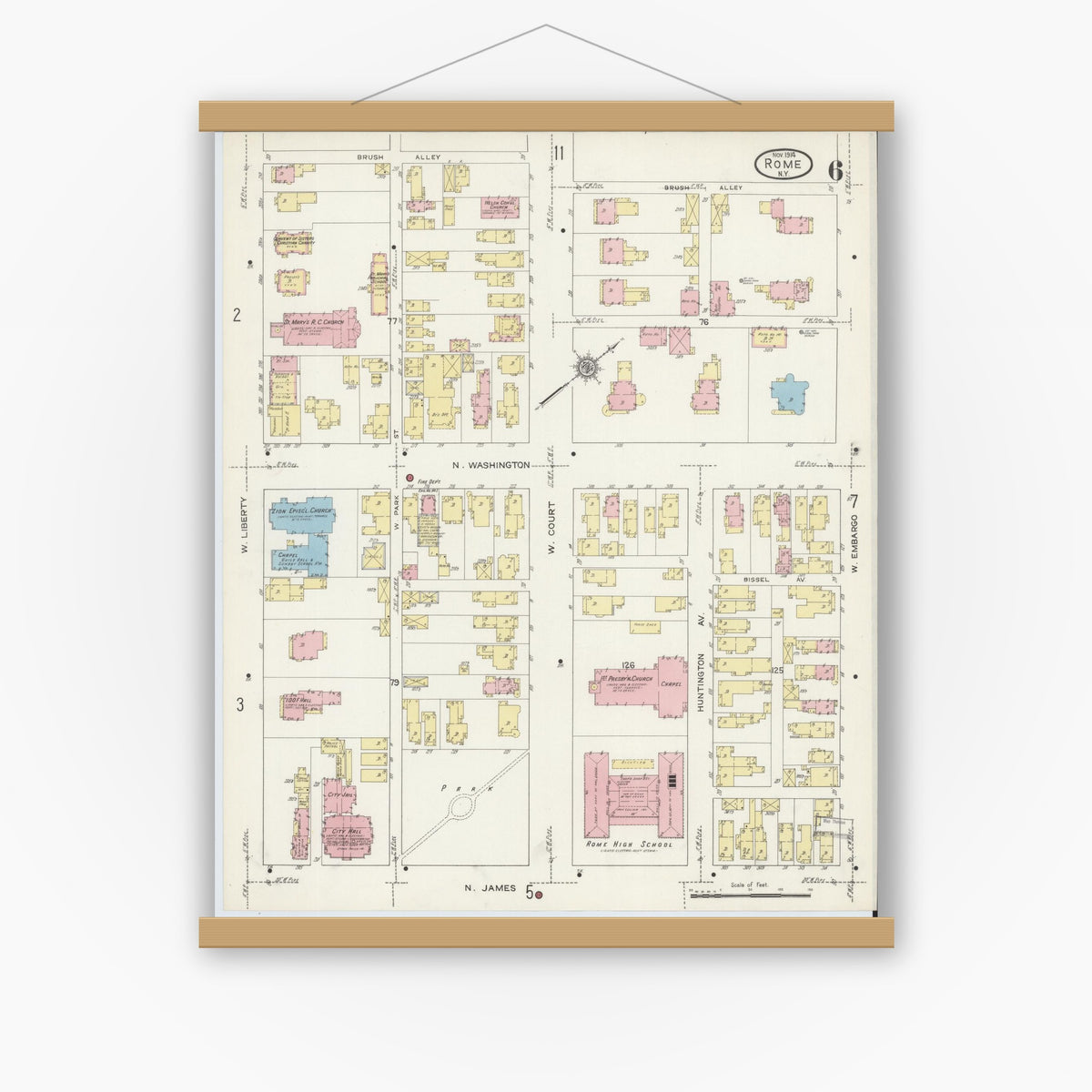 Old map wall art mockup — magnetic wood frame on white wall — Sanborn Fire Insurance Map from Rome, Oneida County, New York (1914), Sheet #0006
