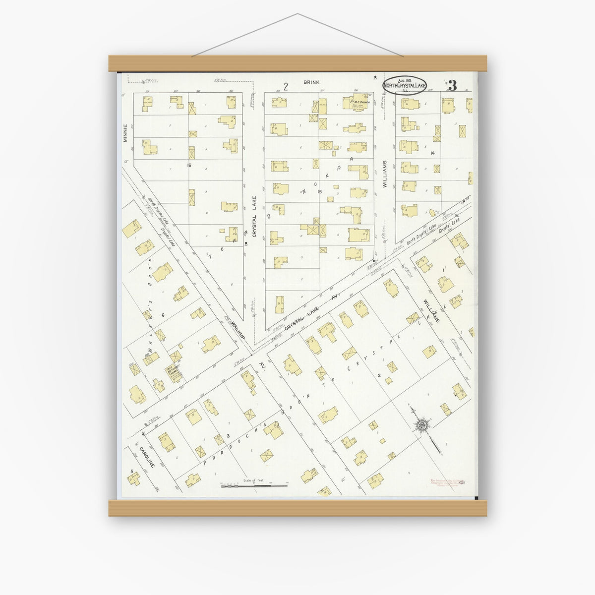 Old map wall art mockup — magnetic wood frame on white wall — Sanborn Fire Insurance Map from North Crystal Lake, McHenry County, Illinois (1912), Sheet #0003