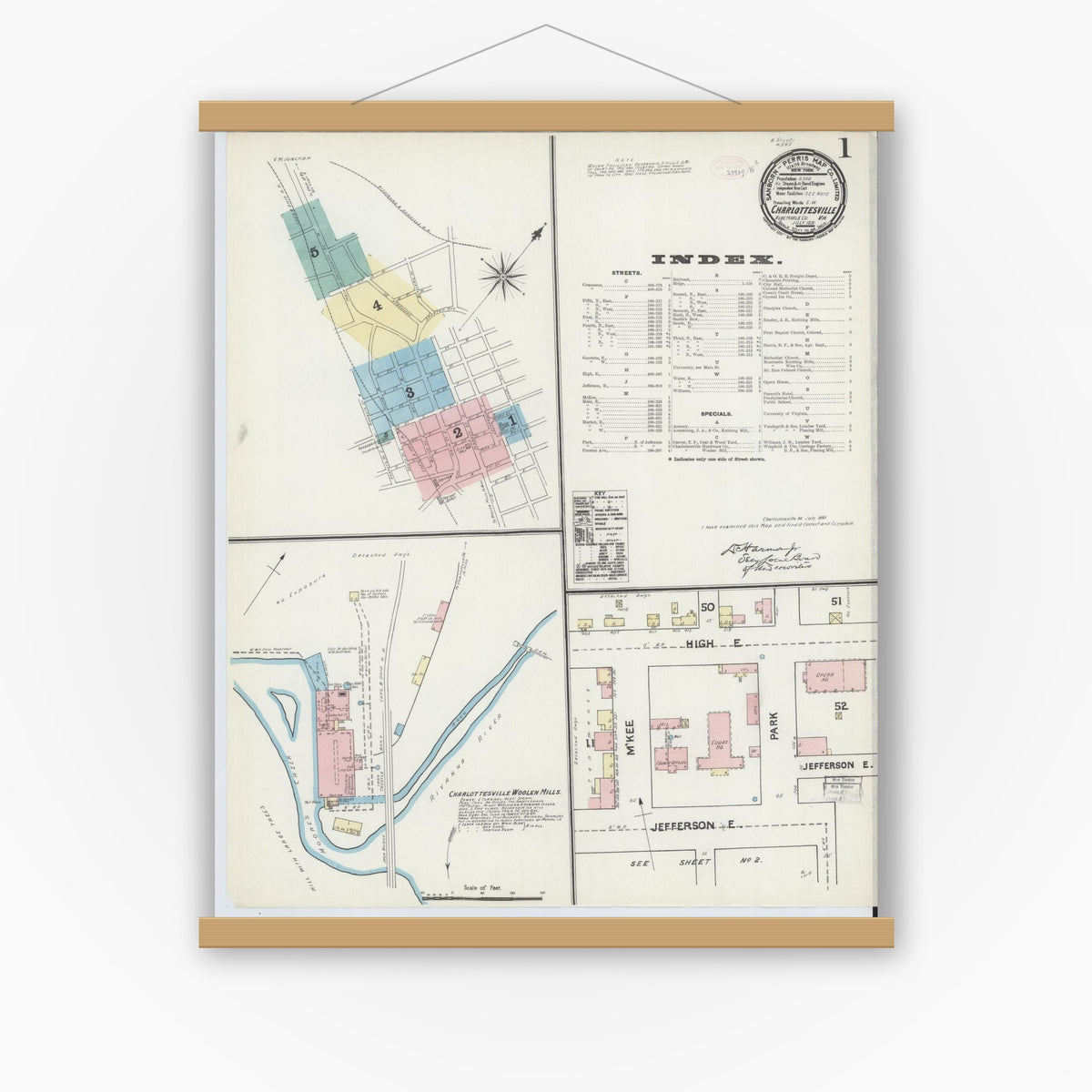 Old map wall art mockup — magnetic wood frame on white wall — Sanborn Fire Insurance Map from Charlottesville, Independent Cities, Virginia (1891), Sheet #0001