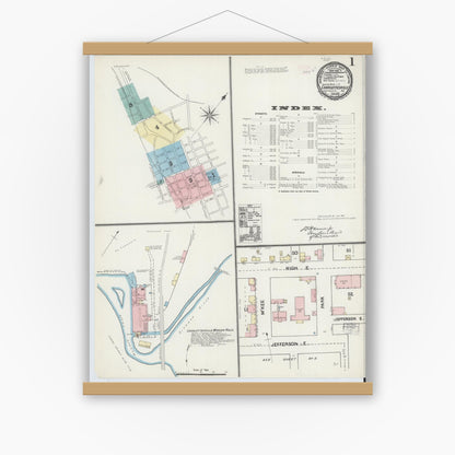 Old map wall art mockup — magnetic wood frame on white wall — Sanborn Fire Insurance Map from Charlottesville, Independent Cities, Virginia (1891), Sheet #0001