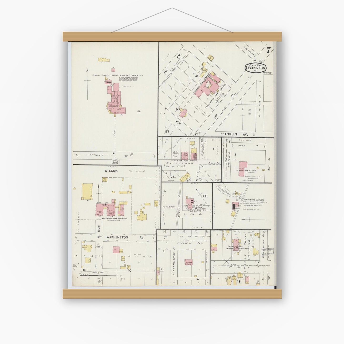 Old map wall art mockup — magnetic wood frame on white wall — Sanborn Fire Insurance Map from Lexington, Lafayette County, Missouri (1894), Sheet #0007