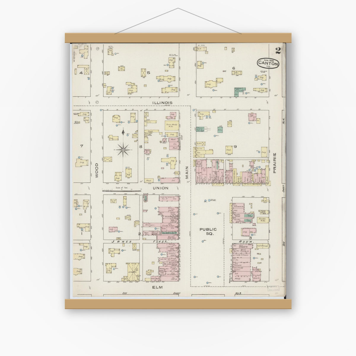 Old map wall art mockup — magnetic wood frame on white wall — Sanborn Fire Insurance Map from Canton, Fulton County, Illinois (1886), Sheet #0002