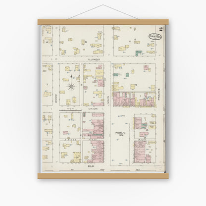 Old map wall art mockup — magnetic wood frame on white wall — Sanborn Fire Insurance Map from Canton, Fulton County, Illinois (1886), Sheet #0002