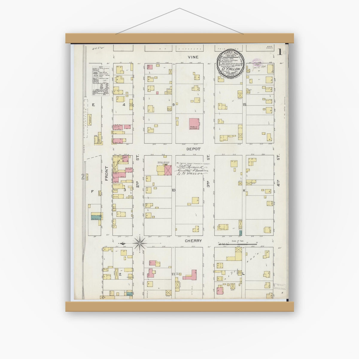 Old map wall art mockup — magnetic wood frame on white wall — Sanborn Fire Insurance Map from O'Fallon, Saint Clair County, Illinois (1893) - Complete Map Set