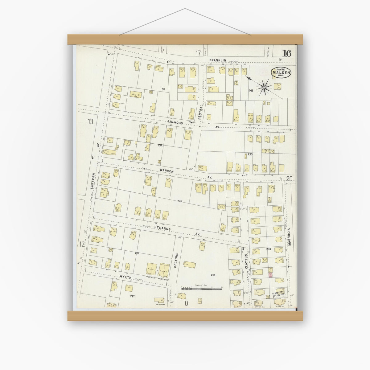 Old map wall art mockup — magnetic wood frame on white wall — Sanborn Fire Insurance Map from Malden, Middlesex County, Massachusetts (1897), Sheet #0016
