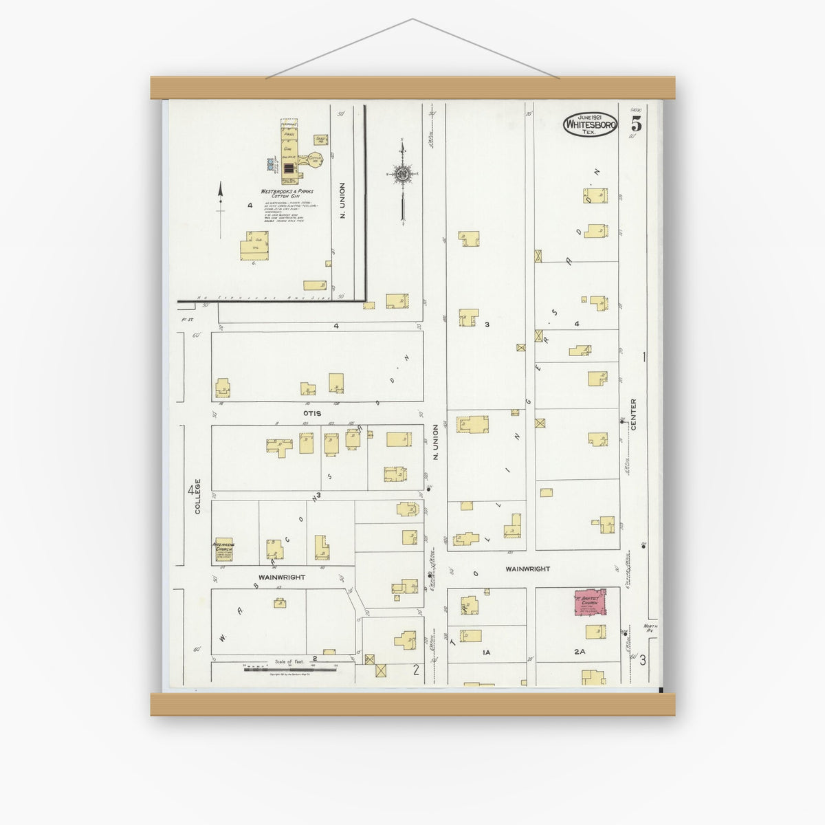 Old map wall art mockup — magnetic wood frame on white wall — Sanborn Fire Insurance Map from Whitesboro, Grayson County, Texas (1921), Sheet #0005
